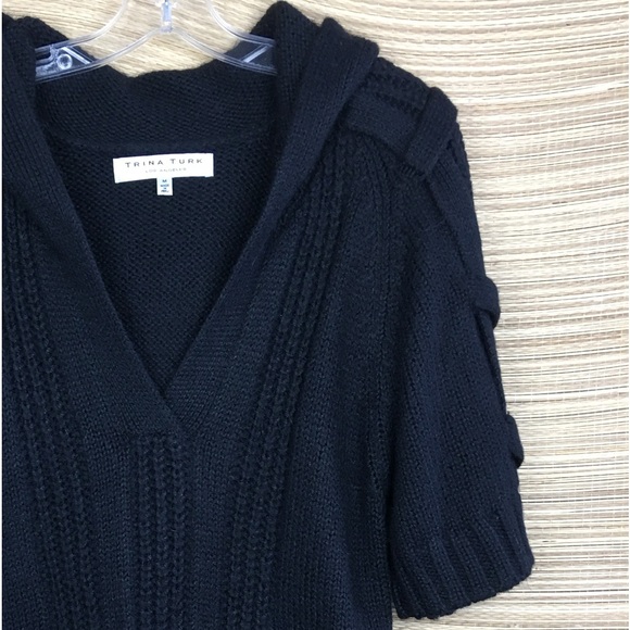 Trina Turk Alpaca Blend Cable Knit Short Sleeve Hoodie Sweater In  Black Size M - Picture 3 of 8